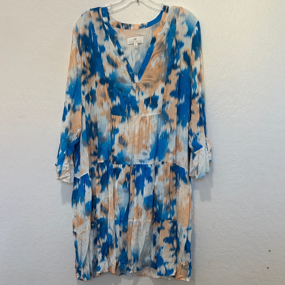 Tie dye Blue 3/4 Bell‎ Sleeve Metallic Tiered Dress Size XL country cow western